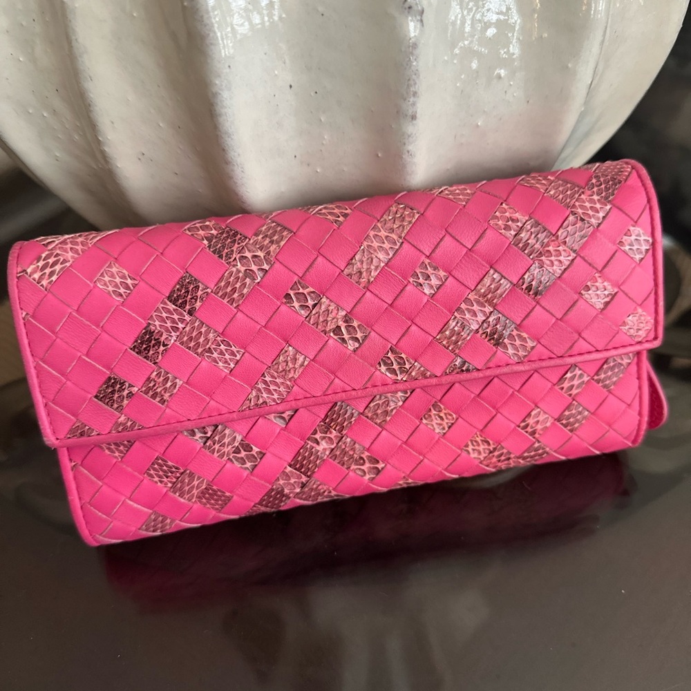 Bottega Veneta Pink Woven Clutch with Snakeskin Inlay